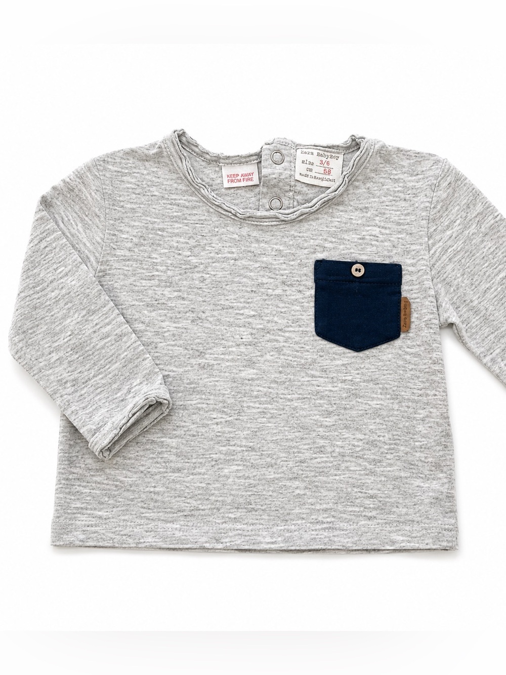 Zara Light Gray Long-Sleeve Top with Navy Pocket